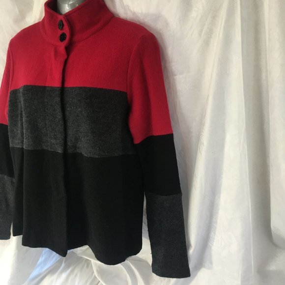 Karl Lagerfeld Jacket Sweater Womens Small Color Block Boiled Wool Black Red - Picture 6 of 15